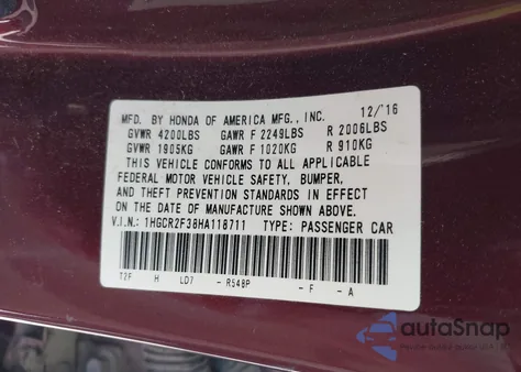 2017 Honda Accord Lx z USA, uszkodzony, nr VIN 1HGCR2F38HA118711